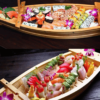 thuyền gỗ bày sushi cao cấp, bày sashimi, bày gỏi cá