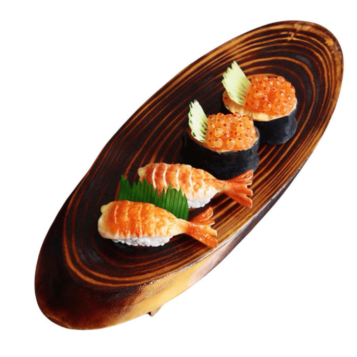 khay gỗ bầu dục nâu bày sushi. khay đựng sushi gỗ nhật bản