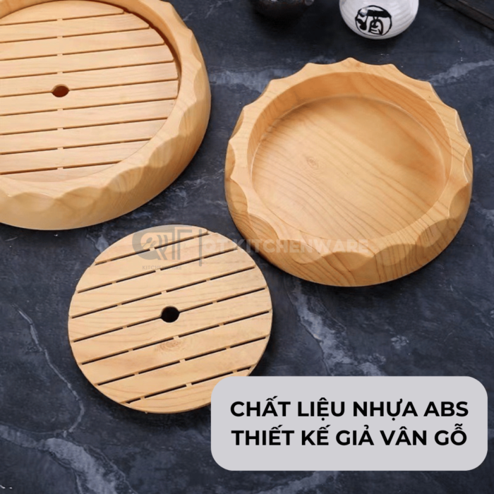 khay sushi nhựa vân gỗ tròn bày sashimi nhật bản