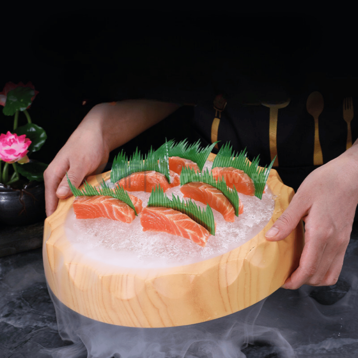 khay sushi nhựa vân gỗ tròn bày sashimi nhật bản