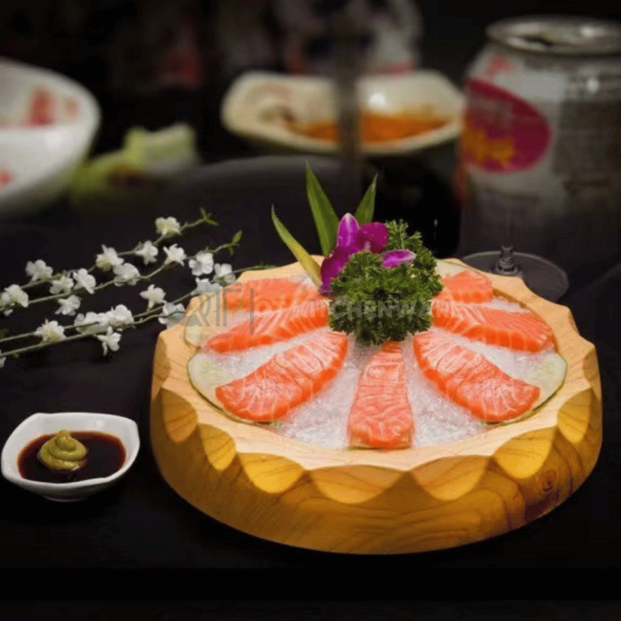 khay sushi nhựa vân gỗ tròn bày sashimi nhật bản