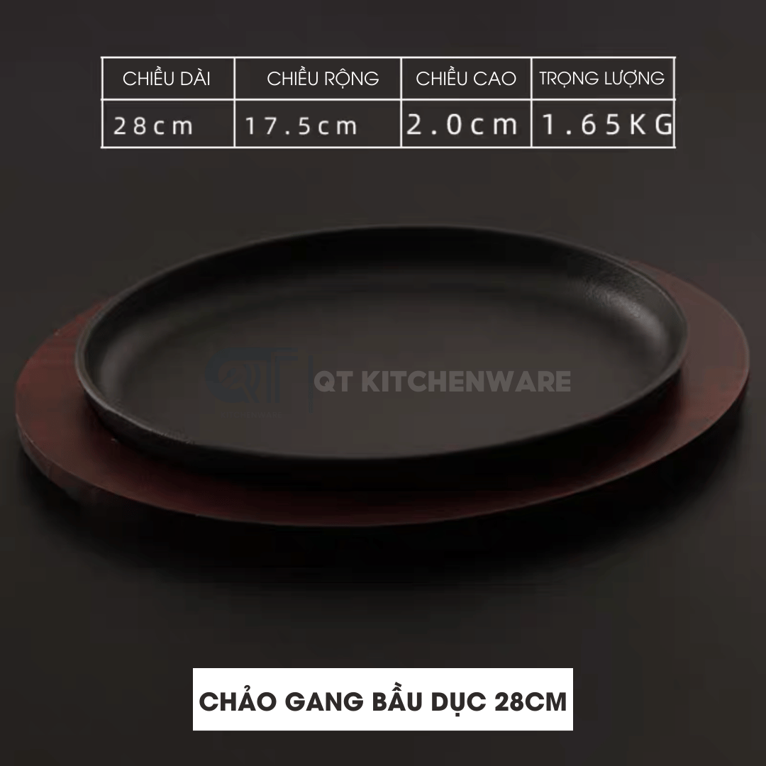 Chảo gang bầu dục trơn đế gỗ nâu