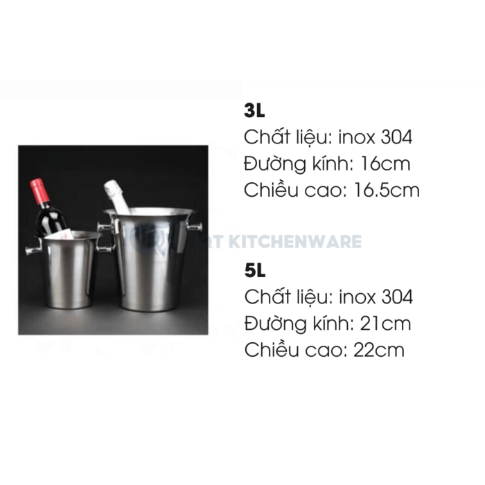 Xô Đá Ướp Rượu Vang Inox 304 Loe Tay Núm 3L và 5L - Cao Cấp, Sang Trọng