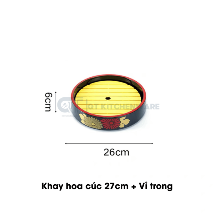 Khay sushi sashimi tròn hoa cúc đỏ đen cao cấp