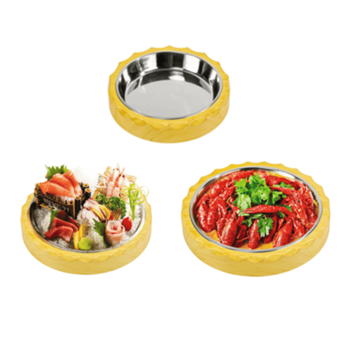 Khay bày món ăn tròn nhựa vân gỗ vỉ inox sushi