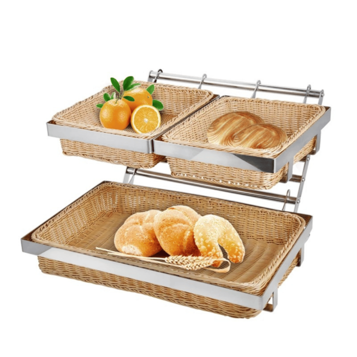 Giá Kệ Bánh Mỳ 2 Tầng Khung Inox Giỏ Mây Buffet