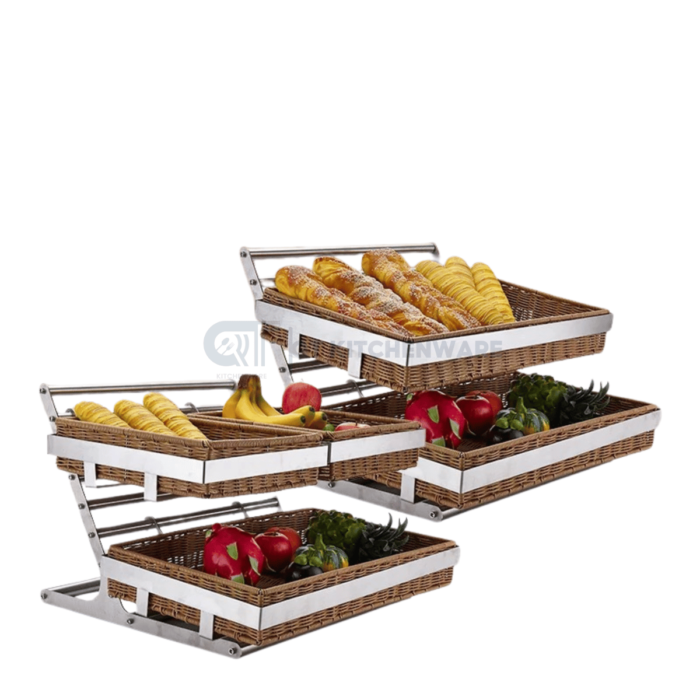 Giá Kệ Bánh Mỳ 2 Tầng Khung Inox Giỏ Mây Buffet