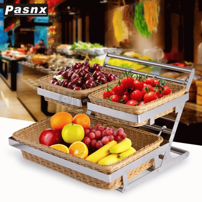 Giá Kệ Bánh Mỳ 2 Tầng Khung Inox Giỏ Mây Buffet