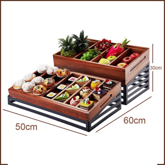 Kệ gỗ bày bánh buffet khung inox đen kẻ