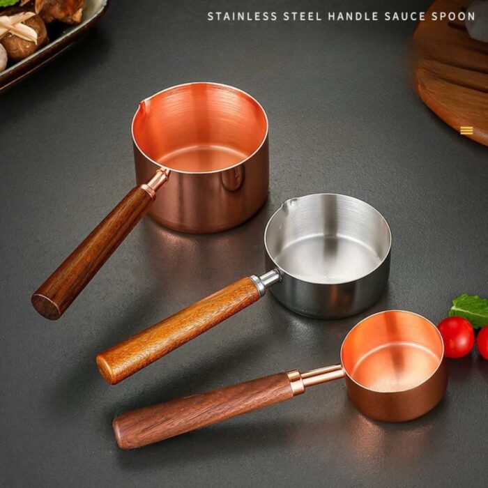 chén đựng sốt inox cán gỗ dài hàn quốc, chén đựng sốt cán gỗ, chén đựng sốt cao cấp