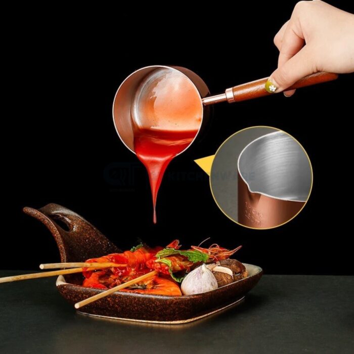 chén đựng sốt inox cán gỗ dài hàn quốc, chén đựng sốt cán gỗ, chén đựng sốt cao cấp