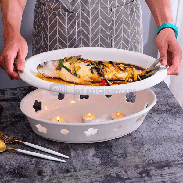 Bếp sứ hâm bằng cồn được thiết kế với nhiều hình dáng khác nhau như tròn, bầu dục, chữ nhật…