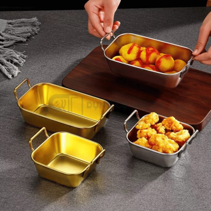 Khay inox để snack vuông hai quai hàn quốc