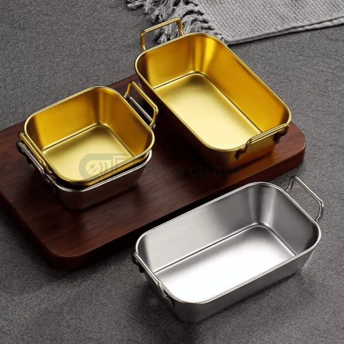 Khay inox để snack vuông hai quai hàn quốc