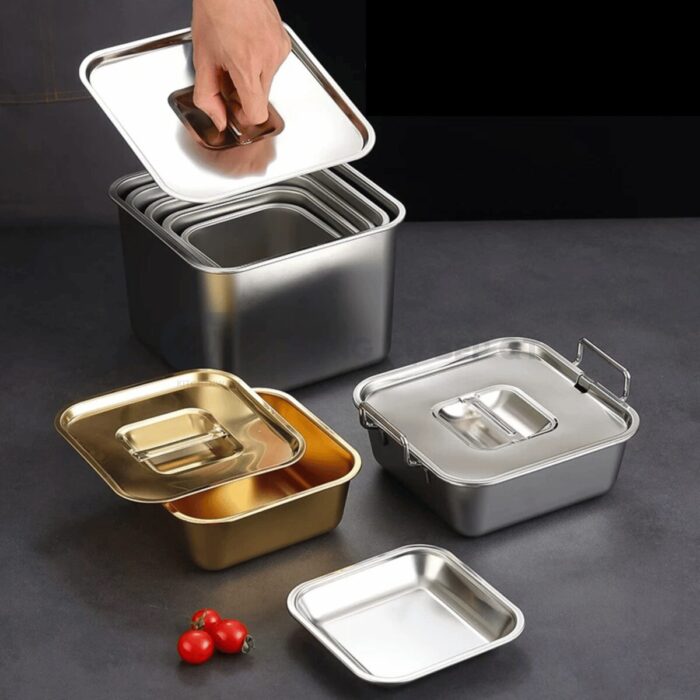 Khay Inox Vuông Sâu Có Nắp Hàn Quốc
