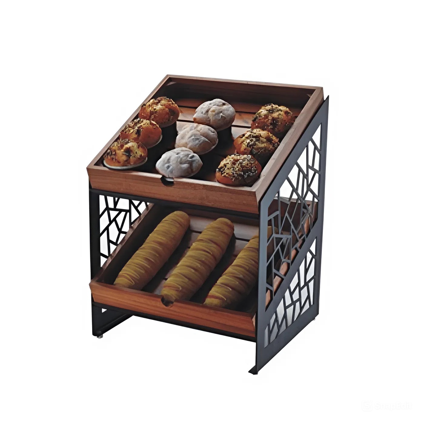 Kệ gỗ bày bánh 2 tầng khung inox 